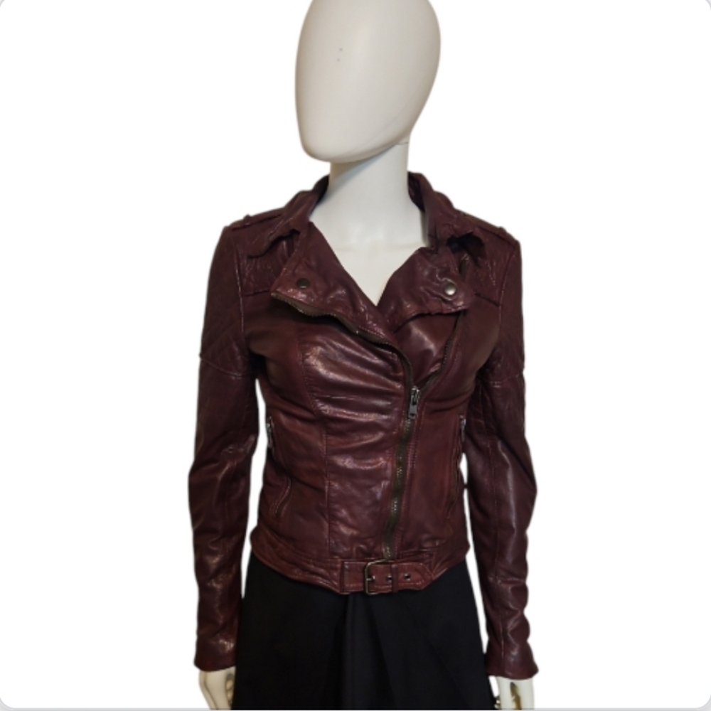 MUUBAA | 'Minsk' 100% Goat Leather Moto Biker Jacket in Burgundy ~ Size US 2